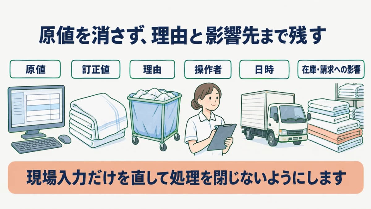 回収カゴのシーツ数量を原値・訂正値・理由・影響先へ分ける図