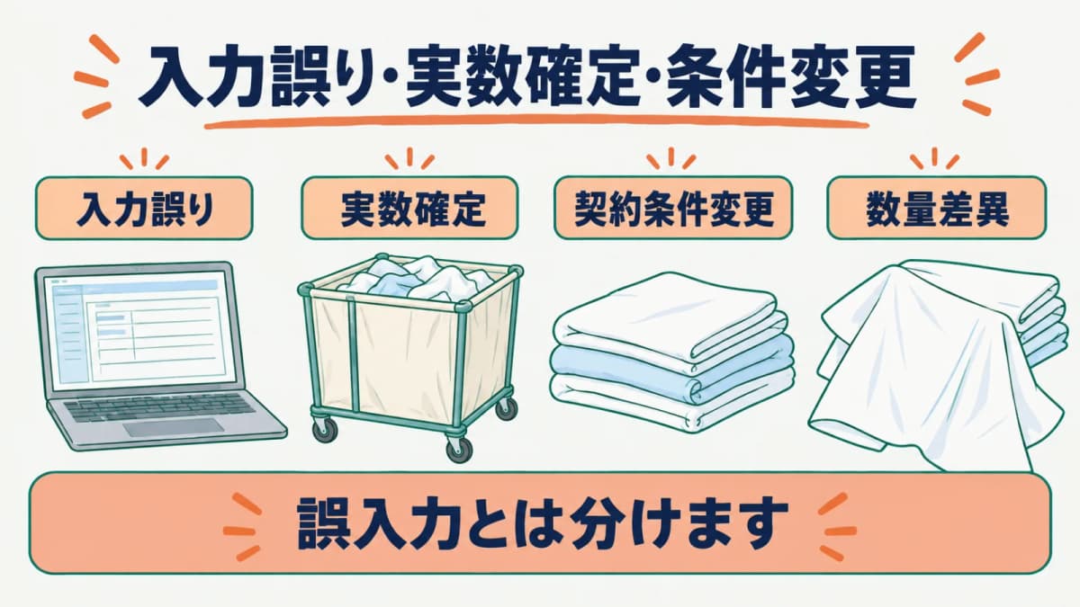 入力画面と回収カゴで入力誤り・実数確定・契約条件変更・数量差異を分ける図