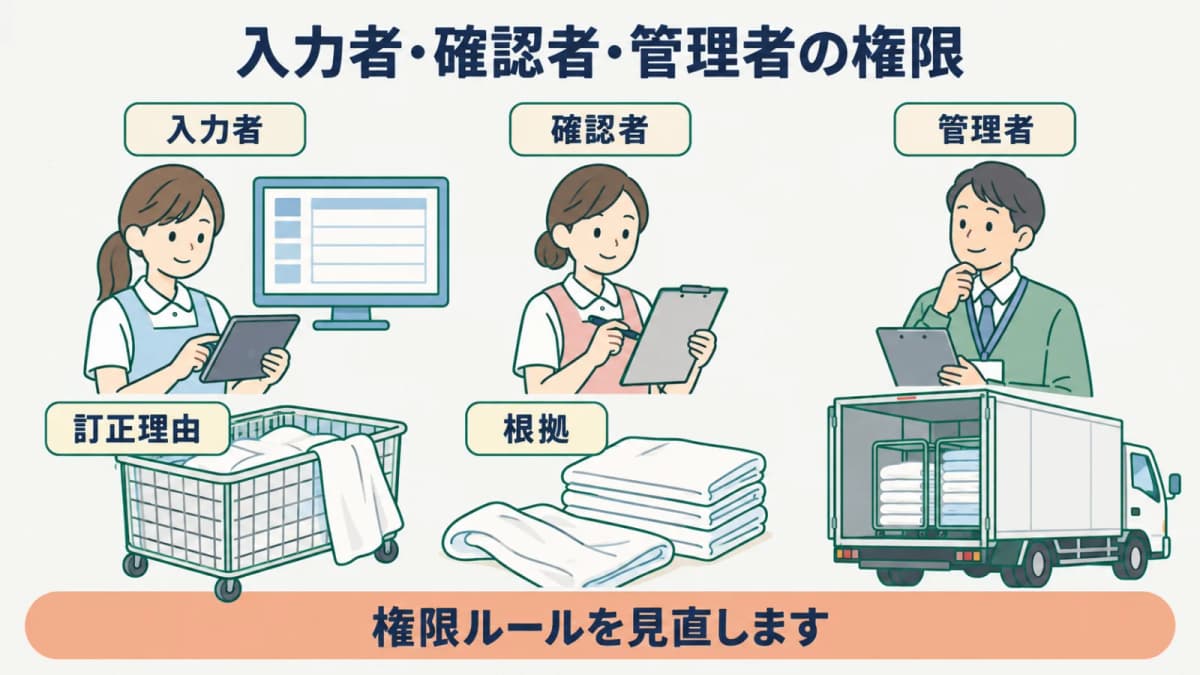 たたんだリネンの入力者・確認者・管理者の権限を業務ルールで分ける図