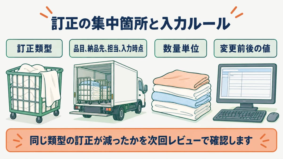 回収カゴと集配車の訂正履歴から集中する品目・納品先・入力時点を見直す図