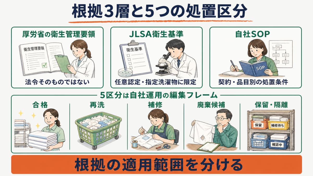 公的要領・JLSA基準・自社SOPの3層と5つの処置区分を示すリネン検品基準の早見表