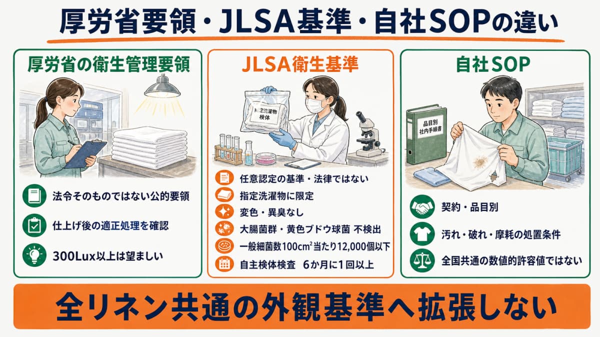 厚生労働省要領・JLSA衛生基準・自社SOPの発行主体と適用範囲を比べる図