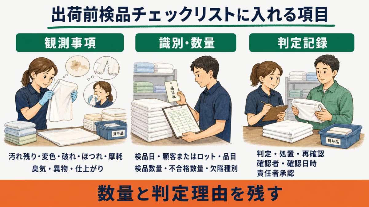 リネン検品票に必要な観測事項・識別情報・判定記録をまとめたチェックリスト