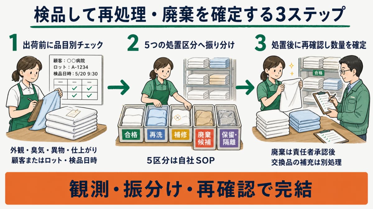 出荷前チェックから5区分への振分けと処置後の再確認までを示す3ステップ