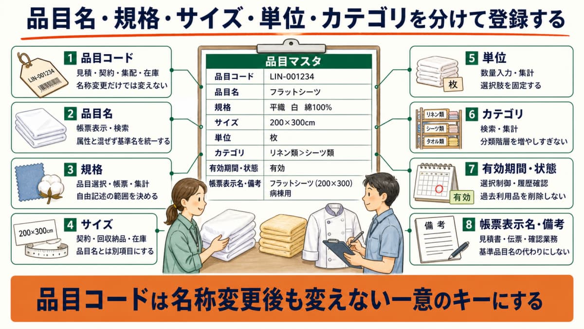 リネンサプライ品目マスタの定義と項目を示す早見表