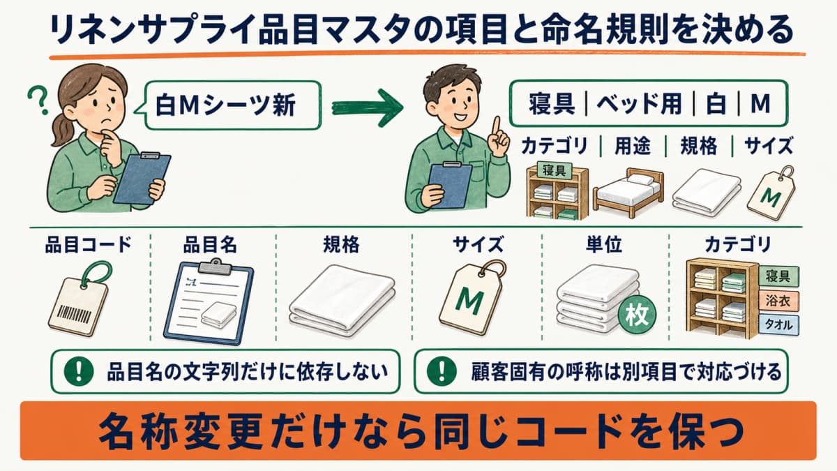 品目コードとカテゴリ・用途・規格・サイズの推奨命名順を示す図