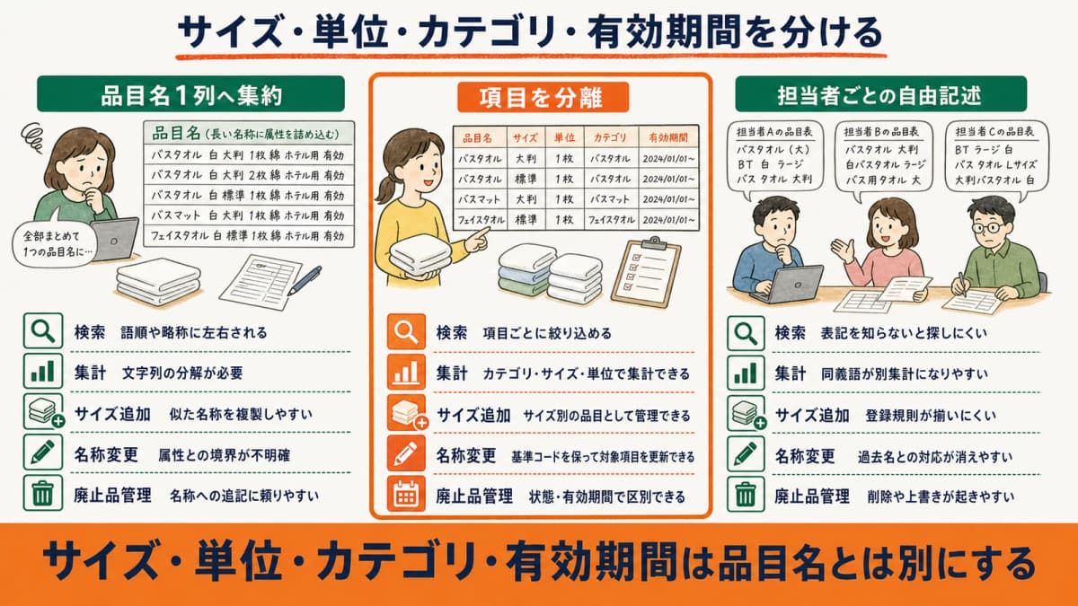 品目名への1列集約・項目分離・自由記述を比較する表