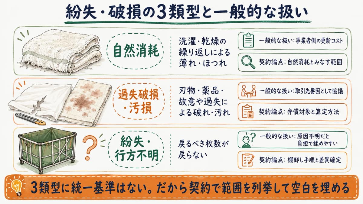 自然消耗・過失破損汚損・紛失行方不明の3類型と一般的な扱いを示す紛失破損の分類早見表