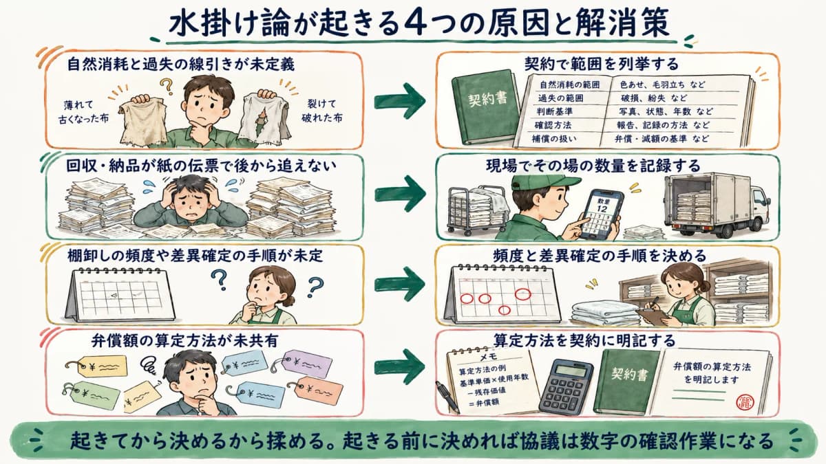 線引き未定義・紙伝票で追えない・棚卸し手順未定・弁償額算定が未共有の4原因と解消策の対応表