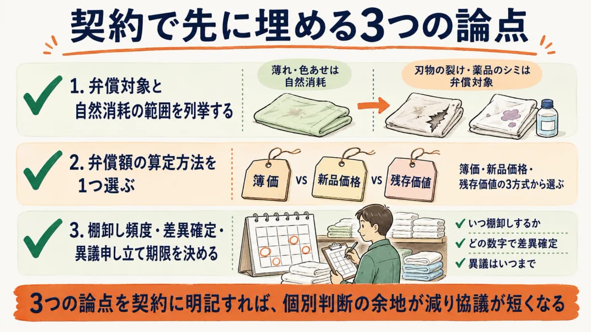 論点A範囲列挙・論点B弁償額算定3方式・論点C棚卸し頻度差異確定異議期限を示す契約論点チェックリスト