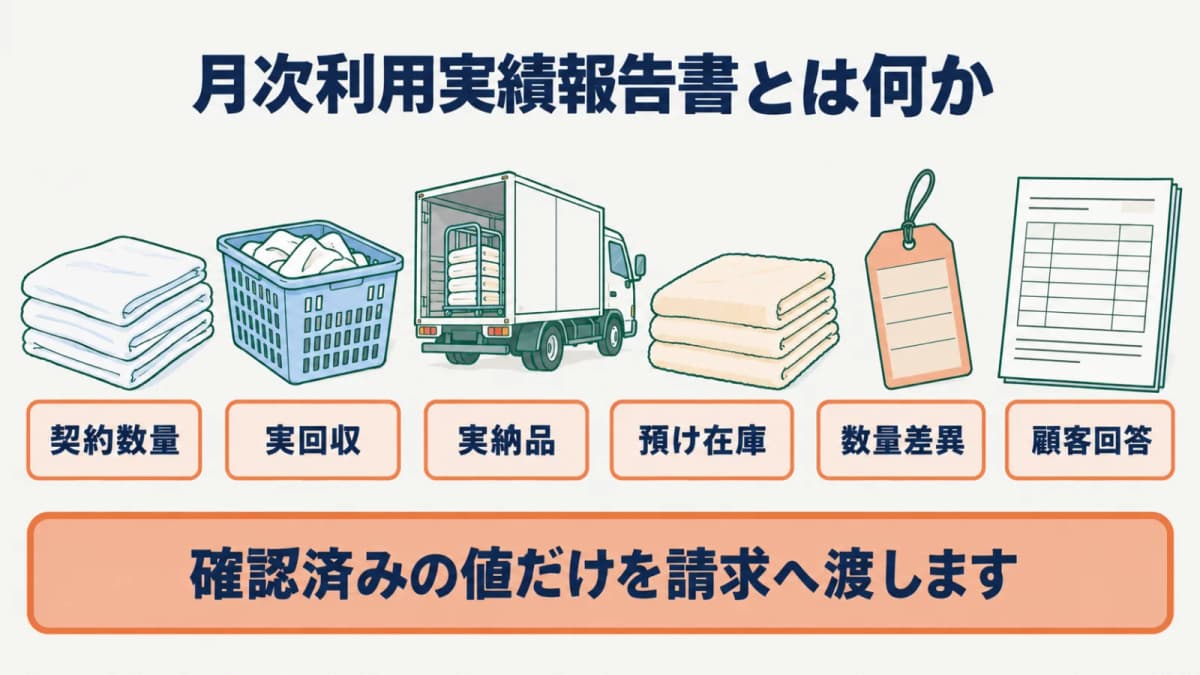 シーツとバスタオルの利用実績を契約数量・受渡実績・在庫・差異・顧客回答へ分ける図