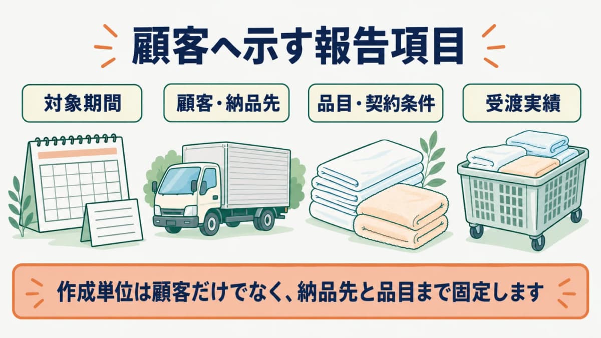 集配車で運ぶシーツとバスタオルを対象期間・顧客・納品先・品目へ整理する図