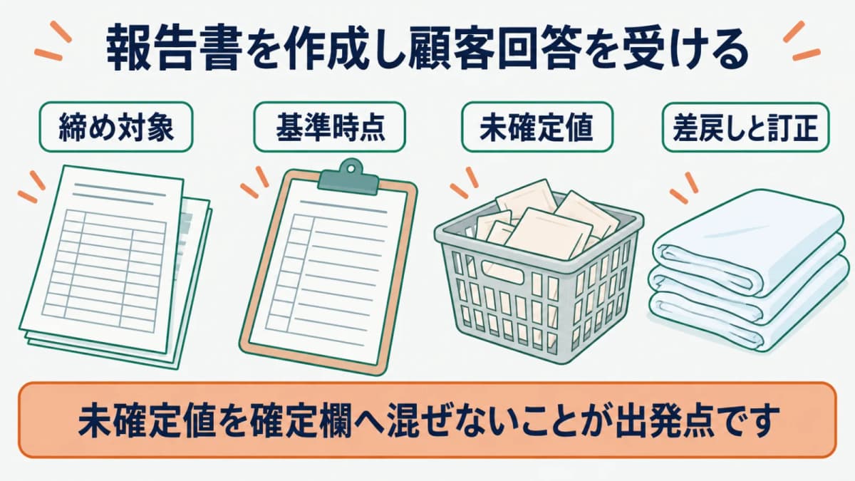 回収カゴの受渡記録から利用実績報告書を作成し差戻しと訂正を管理する図