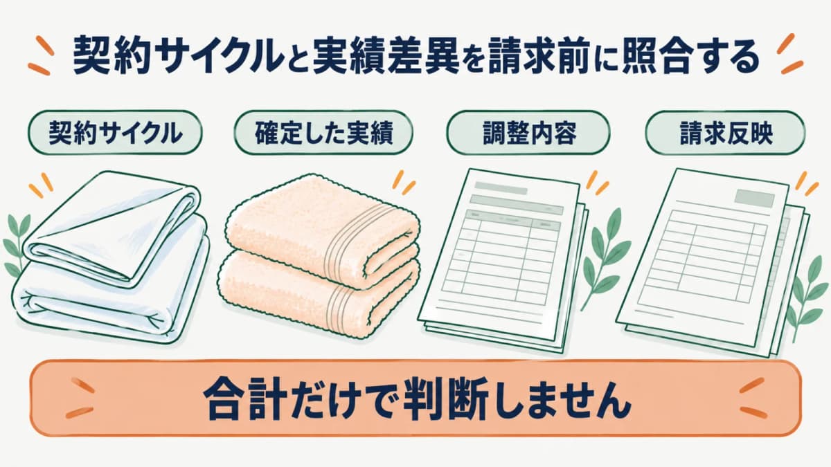 たたんだリネンの契約サイクルと実績差異を照合して請求へ渡す図