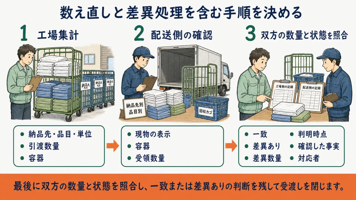 工場集計から配送側の数え直しと双方確認へ進む3段階