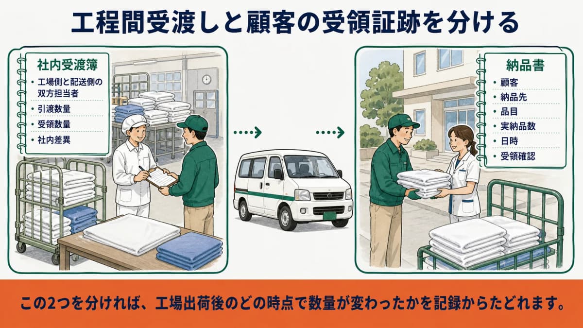 工場と集配車の社内受渡しを顧客先の納品記録から分ける境界図