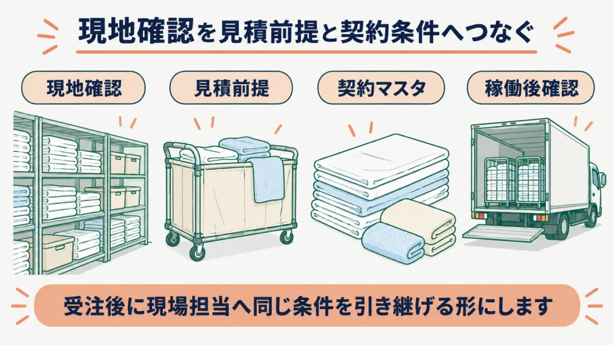リネン庫の棚と台車を現地確認から見積前提・契約条件へつなぐ図