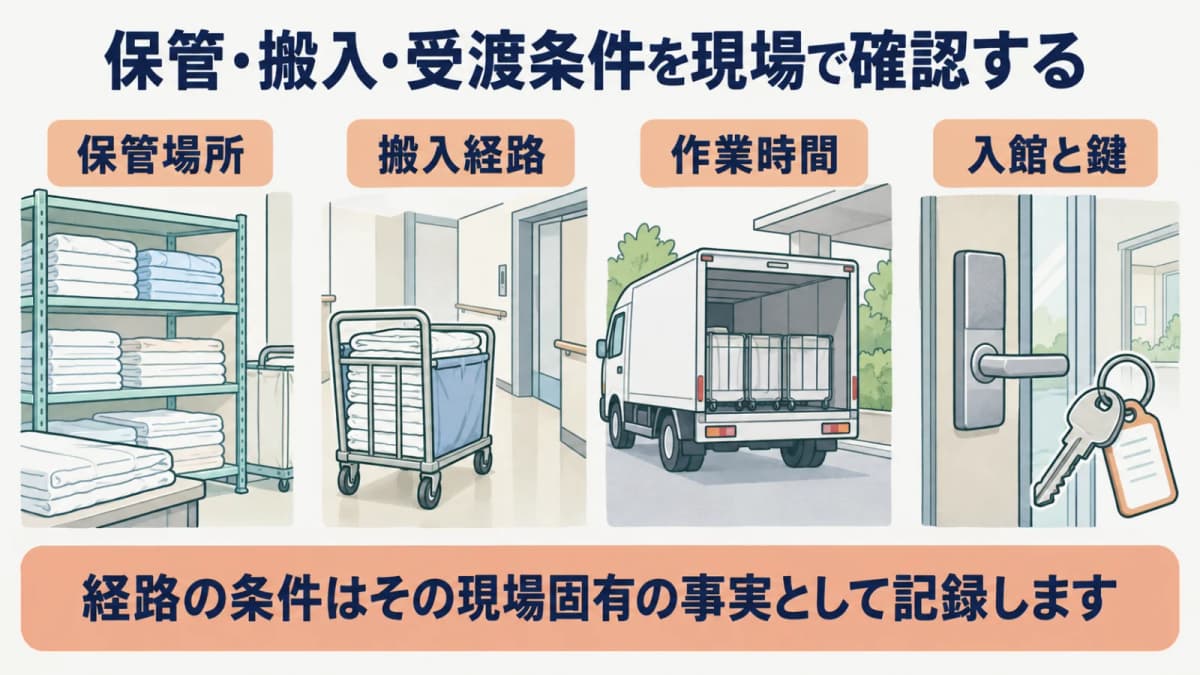 リネン庫の棚・台車・回収カゴ・集配車の搬入経路を確認する図
