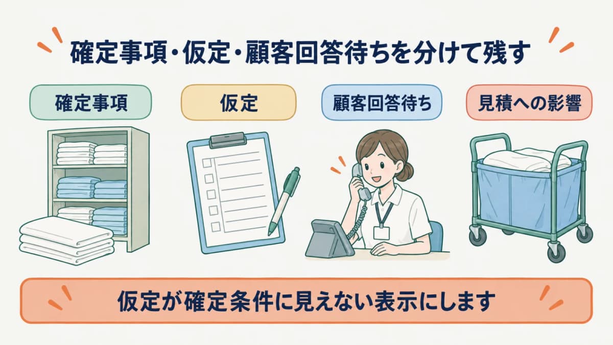 シーツと台車の現地条件を確定事項・仮定・顧客回答待ちへ分ける図