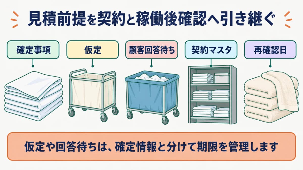リネン庫の棚とたたんだリネンの見積前提を契約マスタと再確認日へ渡す図