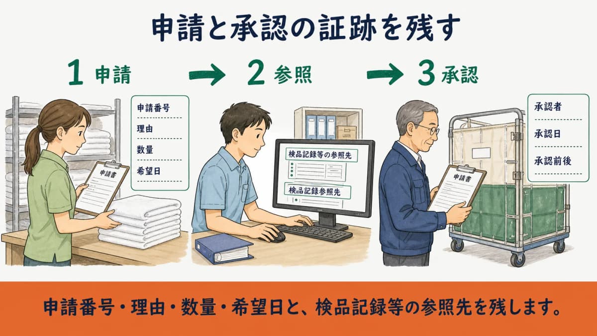 申請者が隔離済みリネンの数量と理由を申請し承認者が確認する図