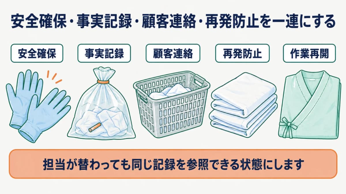 回収袋のシーツから見つかった小さな注射針を安全確保から再発防止へつなぐ図