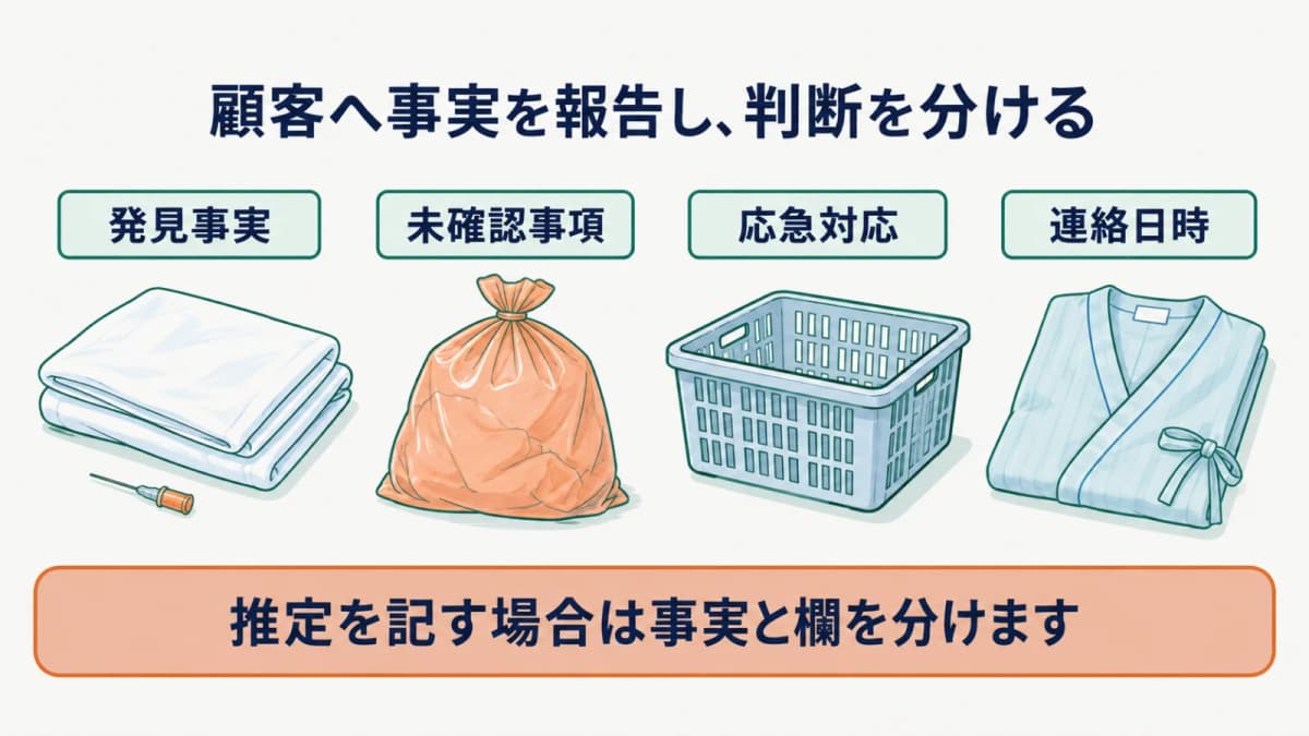 シーツと回収カゴの発見事実・未確認事項・応急対応を顧客へ伝える図