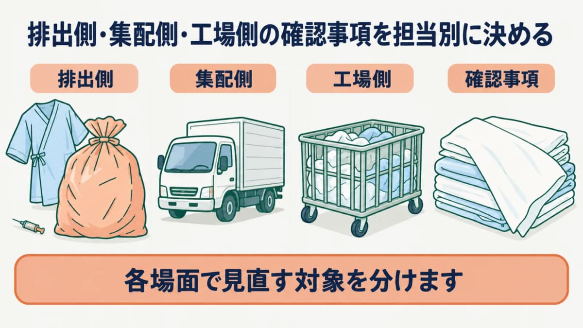 回収袋と集配車を排出側・集配側・工場側の確認へ分ける図