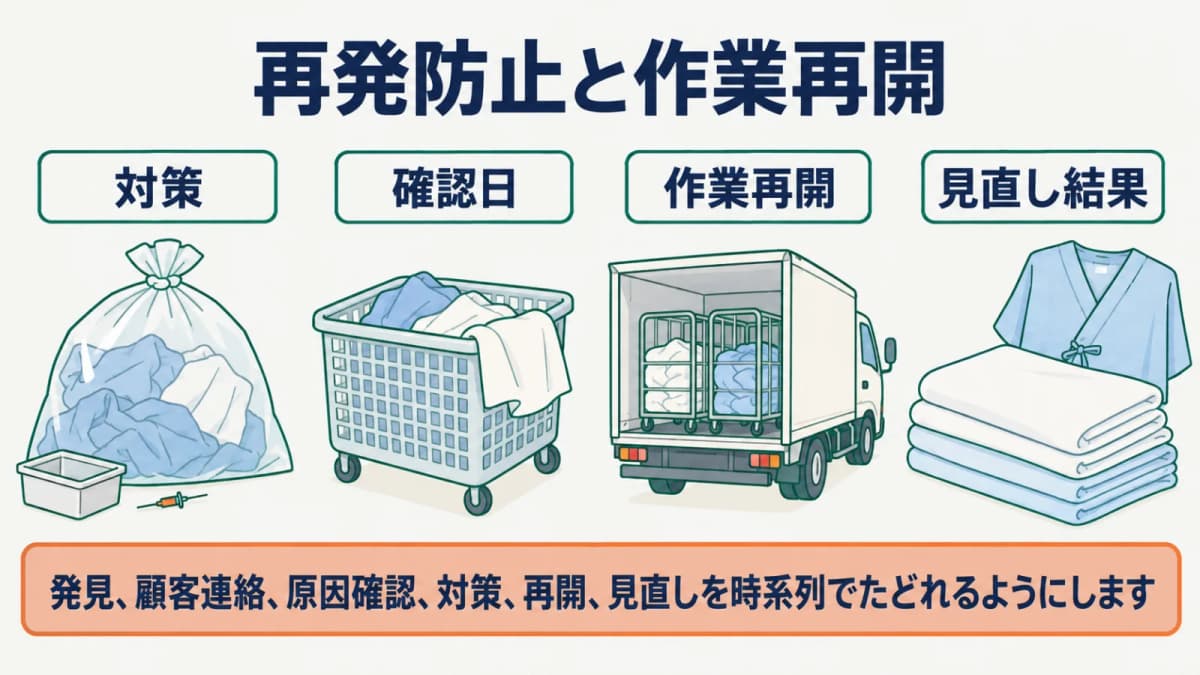 たたんだリネンの再発防止から確認日・作業再開・見直し結果へつなぐ図