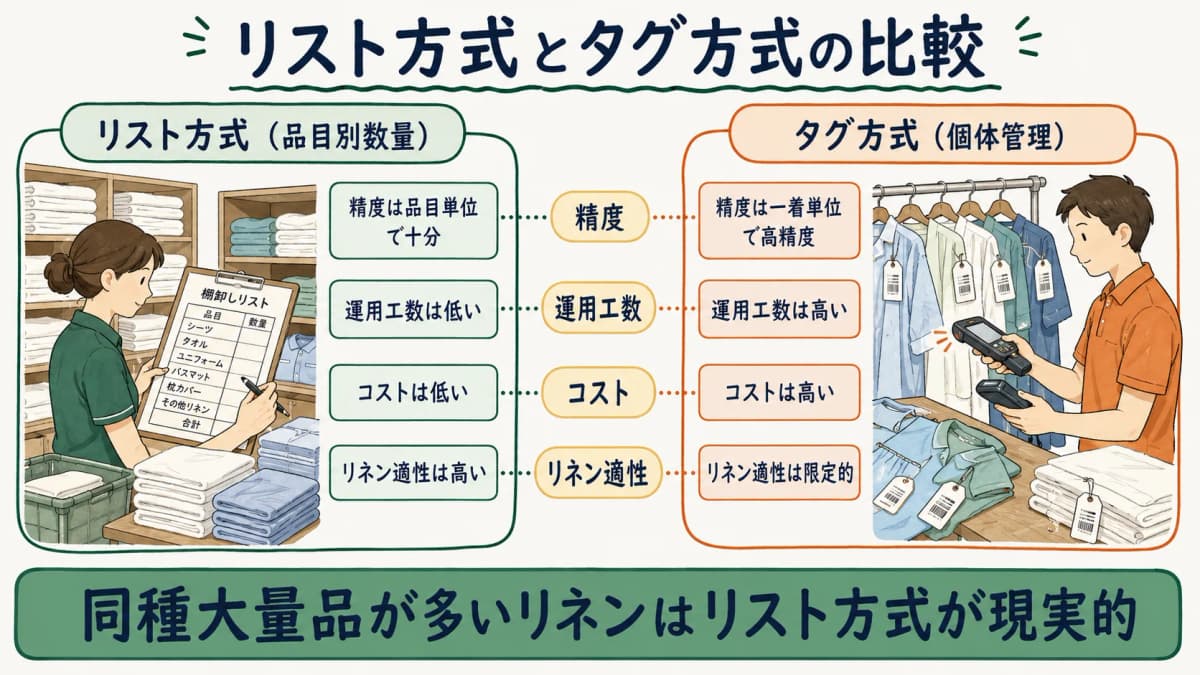リスト方式とタグ方式を精度・運用工数・コスト・リネン適性の4観点で比較した表