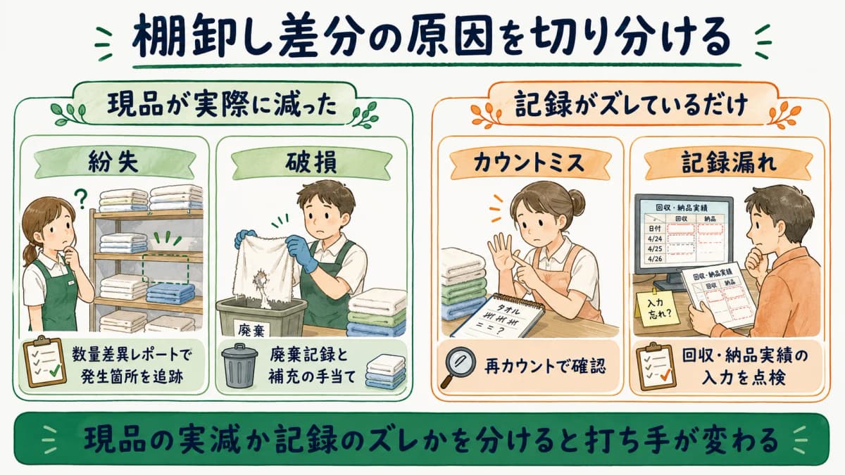差分原因を紛失・破損・カウントミス・記録漏れの4区分で切り分けるマトリクス図