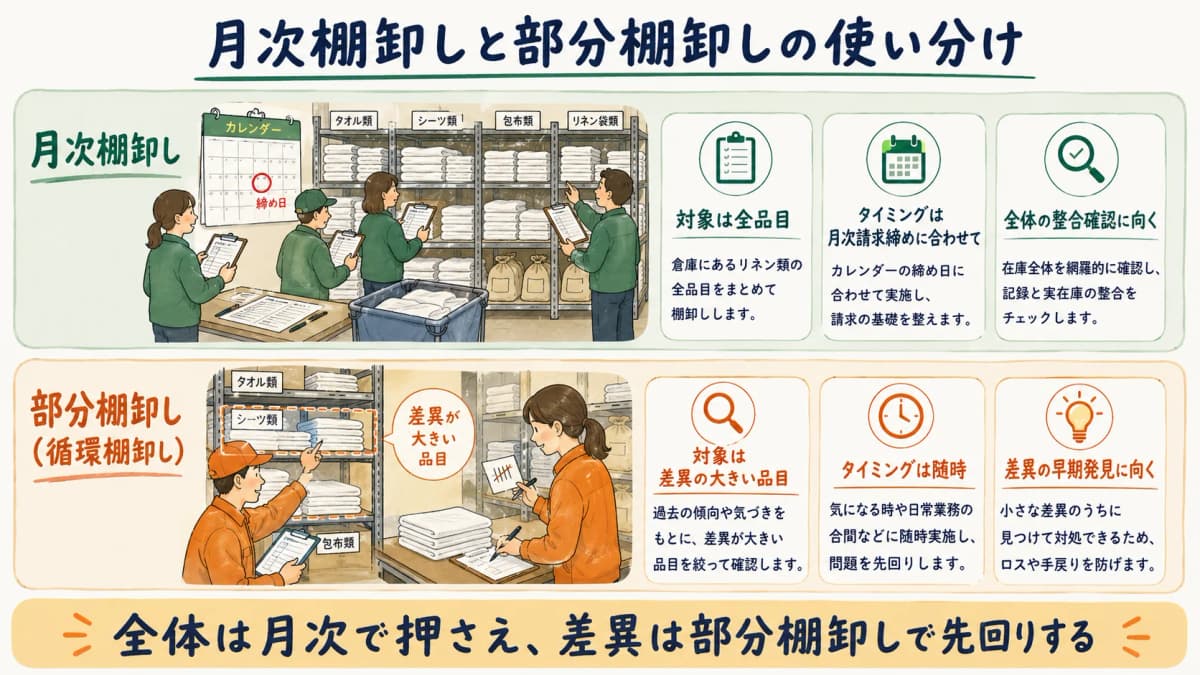 月次棚卸しと部分棚卸し(循環棚卸し)を対象・タイミング・向く場面で使い分ける早見表