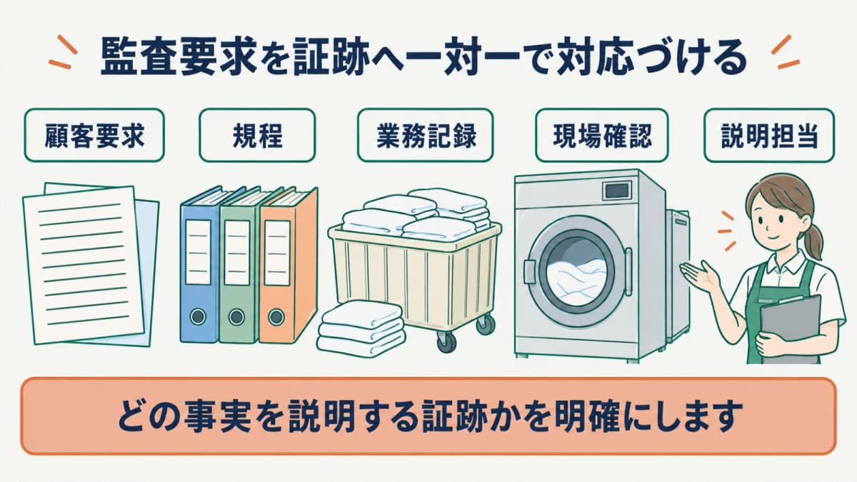 たたんだリネンの監査要求を規程・記録・現場・説明担当へ一対一で結ぶ図