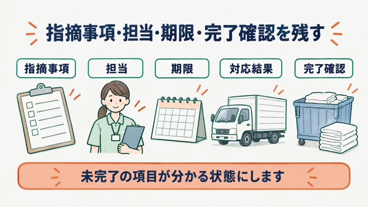 集配車と回収カゴの監査指摘を担当・期限・対応結果へつなぐ図
