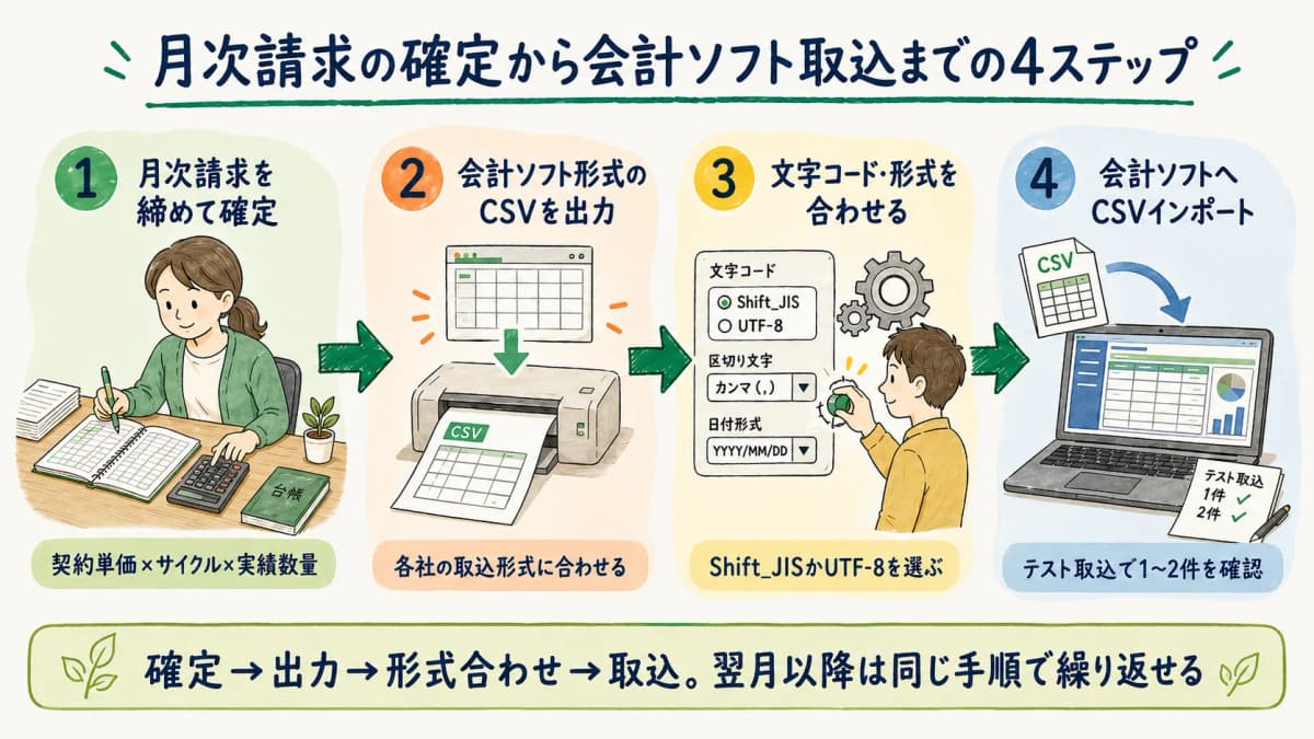 月次請求確定からCSV出力を経て会計ソフトへ取り込む一連のフロー図