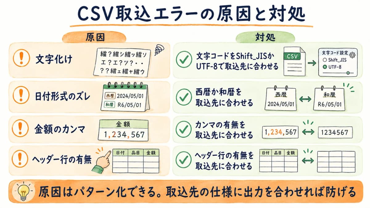 CSV取込エラーの原因と対処を文字化け・日付・カンマ・ヘッダー行で一覧化した表