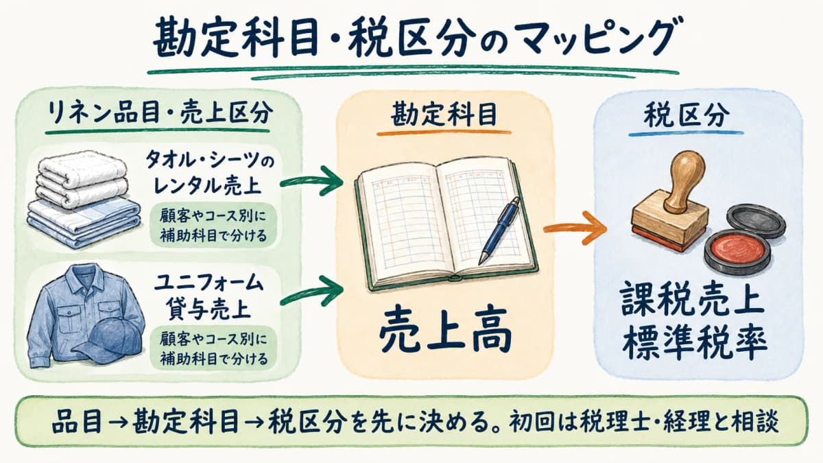 リネン品目から勘定科目・税区分への対応づけ(マッピング)を示した対応表