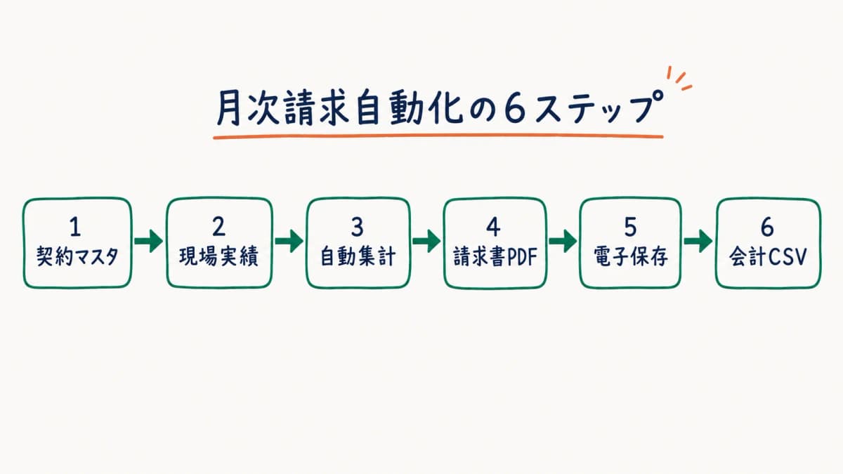 月次請求自動化の6ステップ全体フロー図。契約マスタ、現場実績、自動集計、請求書PDF、電子保存、会計CSVの流れ