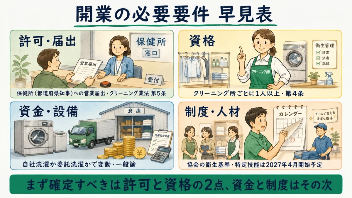 リネンサプライ業 開業の必要要件 早見表(許可・資格・資金・制度の4区分)