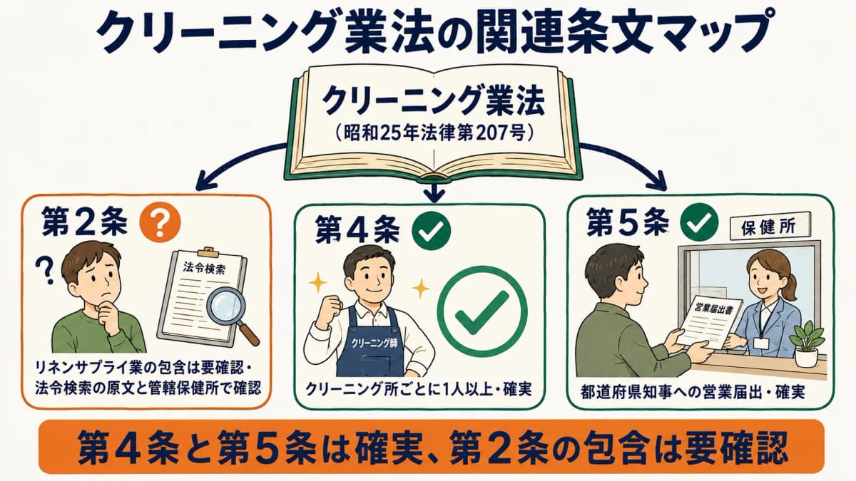 クリーニング業法 リネンサプライ関連条文マップ(第2条・第4条・第5条)