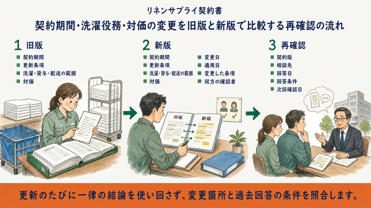 契約期間・洗濯役務・対価の変更を旧版と新版で比較する再確認の流れ