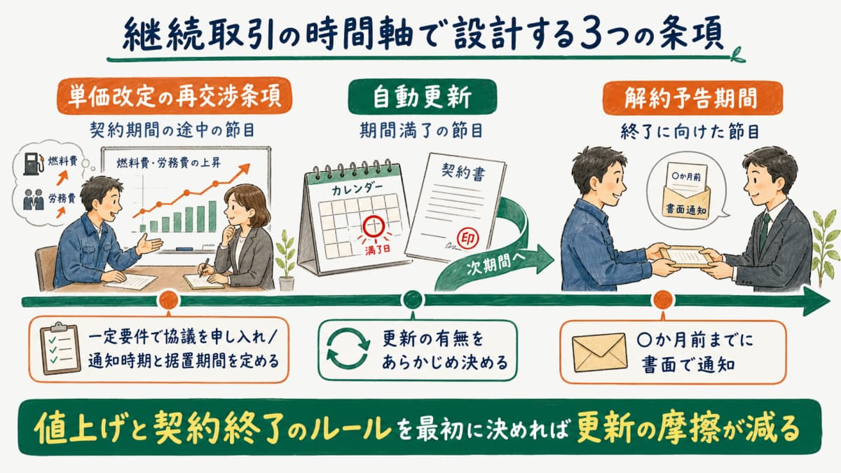 単価改定の再交渉条項・自動更新・解約予告期間の3点を継続取引の時間軸に沿って設計する条項イメージ図