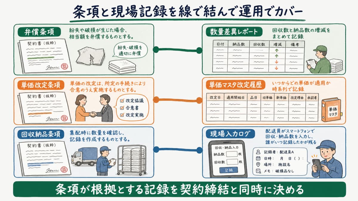契約書の各条項と数量差異レポート・単価マスタ改定履歴・現場入力ログを線で結び運用でカバーする対応図