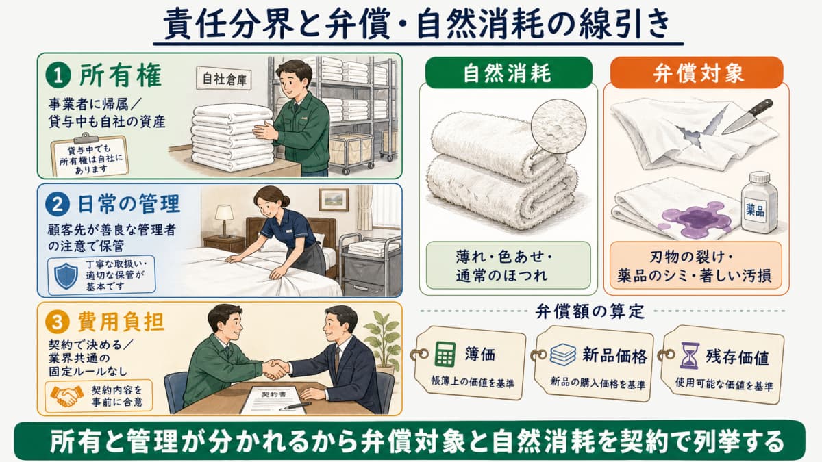 貸与品の所有権は事業者・日常の管理は顧客先・費用負担は契約に従うという責任分界と、弁償対象と自然消耗の例示列挙を示す図
