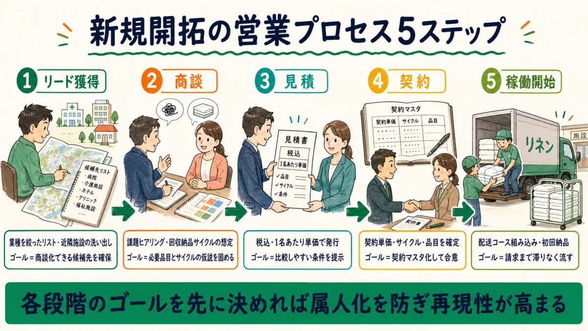 新規開拓の営業プロセス5ステップのフロー図。リード獲得→商談→見積→契約→稼働開始の流れと各段階のゴールを矢印で示した図。