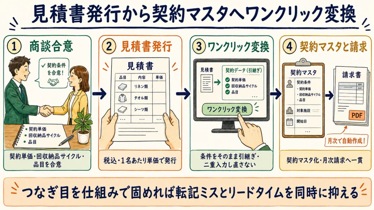 見積書発行から契約マスタへのワンクリック変換の流れ図。商談合意→見積書発行→契約マスタ化→請求への流れで転記ミス・二重入力をなくす様子を示した図。