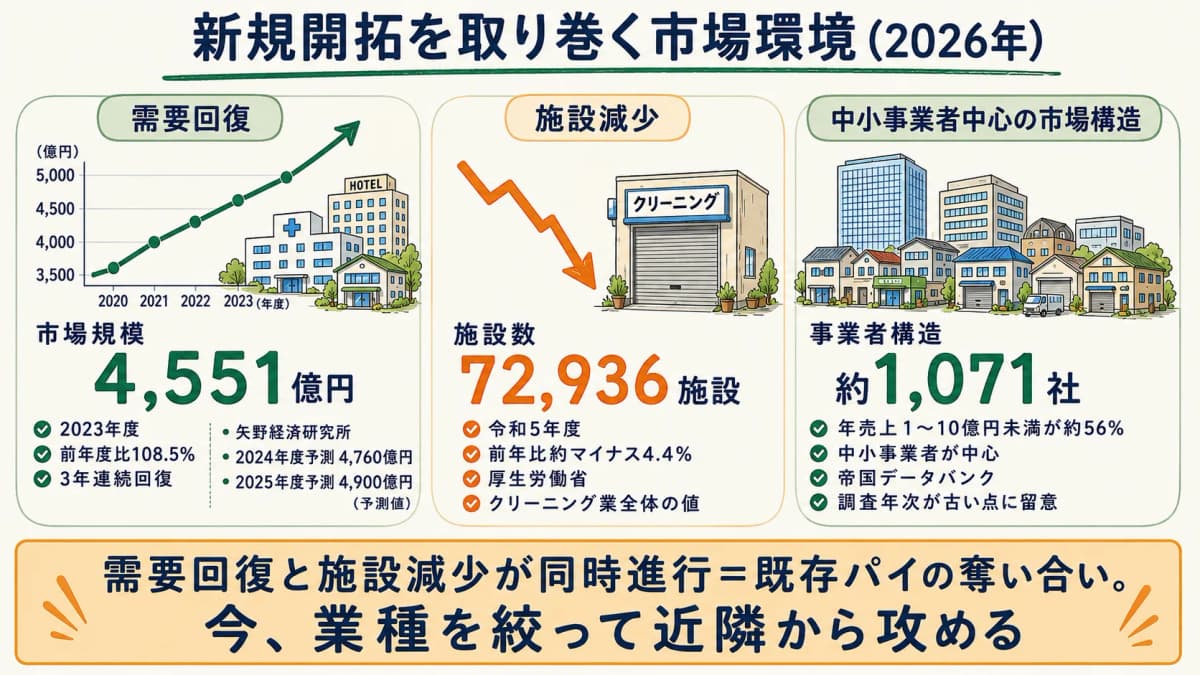 新規開拓を取り巻く市場環境の数値早見表。矢野経済研究所2023年度市場規模4,551億円・前年比108.5%、厚労省令和5年度施設数72,936(クリーニング業全体)、帝国データバンクの規模構造を一覧化した図。