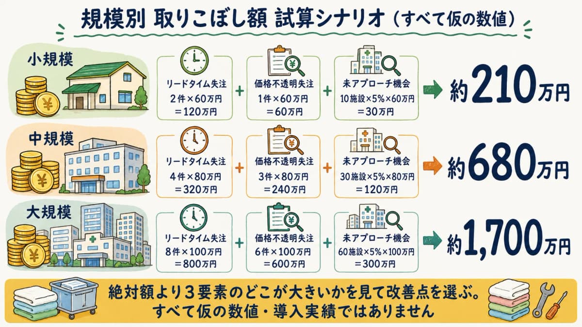 規模別の新規取りこぼし額の試算シナリオ早見表。小規模・中規模・大規模それぞれで3要素を合算した目安額を示した独自フレームの図。すべて仮の数値であることを明記。