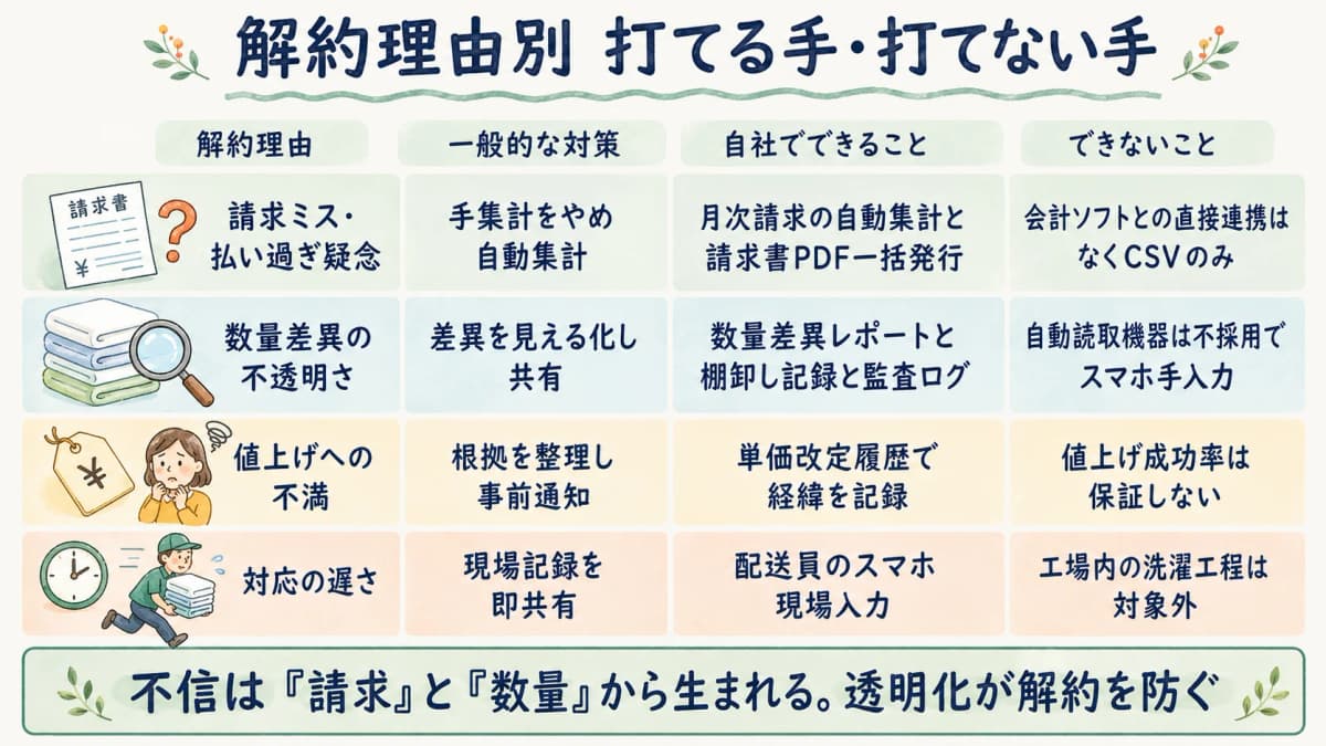 解約理由と一般的な対策、自社で打てる手・できないことを整理した比較表
