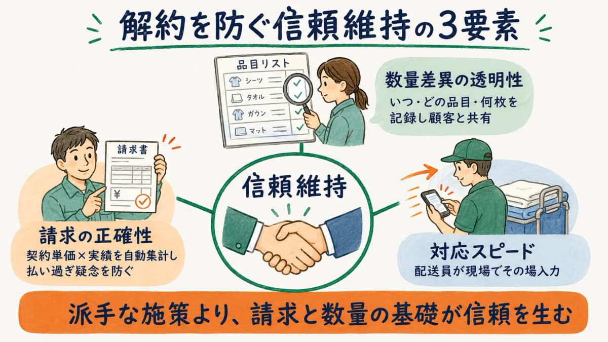 信頼維持の3要素である請求の正確性・数量差異の透明性・対応スピードの概念図
